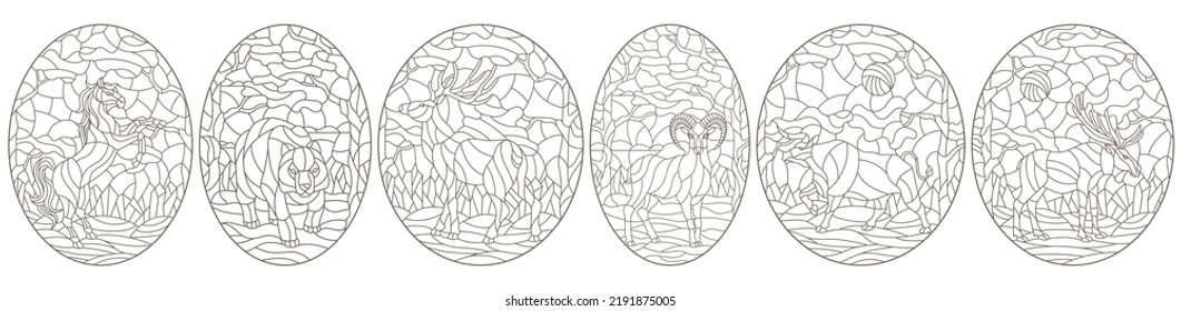 Set of contour illustrations of stained glass Windows with wild animals on a background of forest landscape, dark contours on a white background
