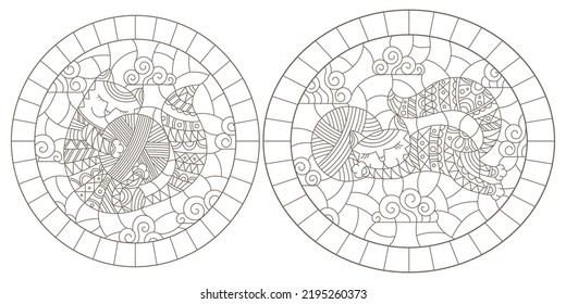 Set of contour illustrations of stained glass Windows with cute cartoon cats on a cloud background, dark contours on a white background