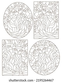 A set of contour illustrations of stained glass Windows with cats on a background of colors, dark contours on a white background