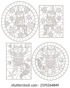 Set contour illustrations of stained glass with funny cats, cat, Cup and scarf on the background of autumn leaves and resting on the beach cat