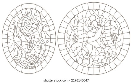 Set contour illustrations of stained glass with sea horses on a background of seaweed, dark outline on a white background