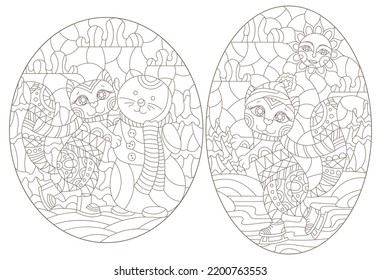 Set of contour illustrations in a stained glass style with cute cartoon kittens on a winter landscape background, dark outlines on a white background