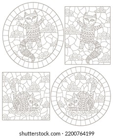 Set of contour illustrations of stained glass Windows with cute cartoon cats on a cloud background, dark contours on a white background