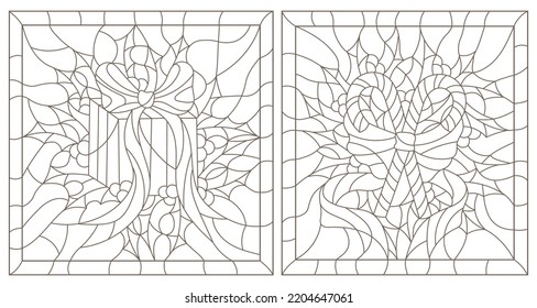 Set contour illustrations of the stained glass Windows on the theme of new year and Christmas with gift and candy