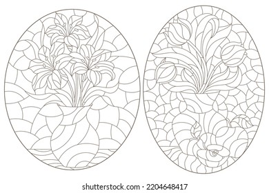 Set of contour illustrations in stained glass style with still lifes, flowers and fruits, dark outlines on a white background