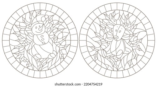 Set contour illustrations of the stained glass Windows on the theme of new year and Christmas,plush moose and snowman on background of Holly and ribbons
