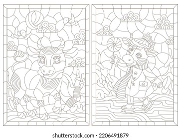 A set of contour illustrations in a stained glass style with cute cartoon cows on a  ice skating, dark outlines on a white background