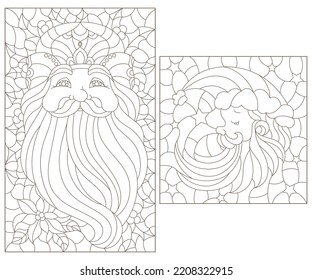 Set of contour illustrations of stained glass Windows with portraits of Santa Claus, dark outlines on a white background