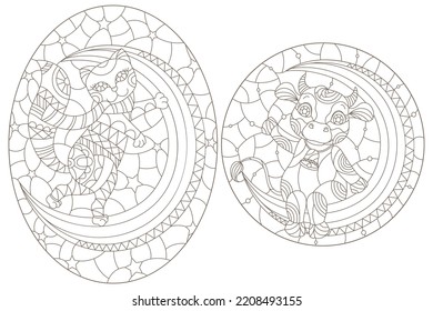 Set of contour illustrations in a stained glass style with cartoon cute cow and cat on the moon, dark outlines on a white background