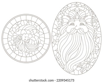 Set of contour illustrations of stained glass Windows with portraits of Santa Claus, dark outlines on a white background
