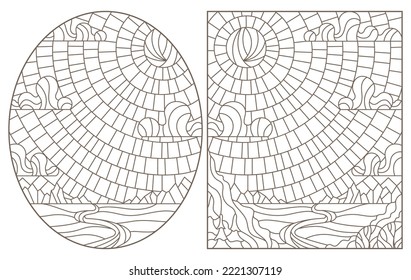 A set of contour illustrations stained glass mountain landscapes, dark contours on a white background