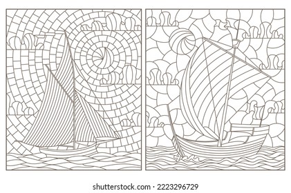 A set of contour illustrations of stained glass Windows with old sailing ships, dark contours on a white background