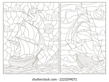 A set of contour illustrations of stained glass Windows with old sailing ships, dark contours on a white background