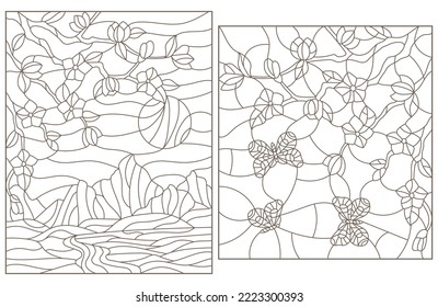 A set of contour illustrations of stained glass Windows with landscapes, flowering branches against the background of mountains and sky, dark outlines on a white background