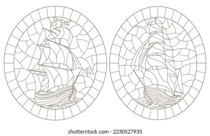 A set of contour illustrations of stained glass Windows with old sailing ships, dark contours on a white background