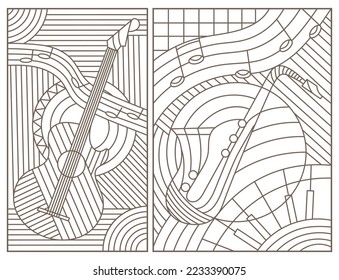 A set of contour illustrations of stained glass Windows on the theme of music, abstract guitars and saxophone, dark contours on a white background