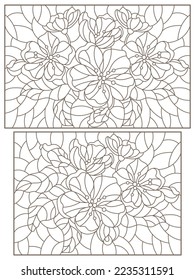Set of contour illustrations of stained glass Windows with branches of a flowering Apple tree, dark outlines on a white background