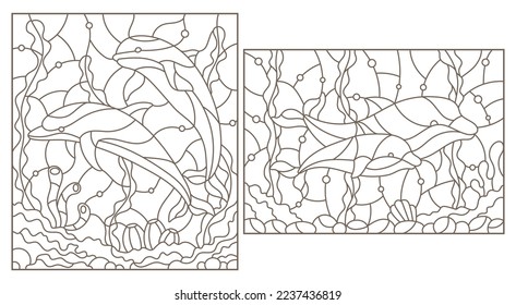 A set of contour illustrations of stained glass Windows with dolphins on the background of the seabed , dark contours on a white background