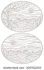 Set of contour illustrations of stained glass Windows with landscapes, dark outlines on a white background, oval images