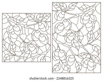 Set contour illustrations of stained glass, the branch of a plum tree with ripe fruits, dark contour on white background