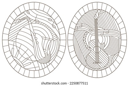 A set of contour illustrations of stained glass Windows on the theme of music, abstract guitars and saxophone, dark contours on a white background