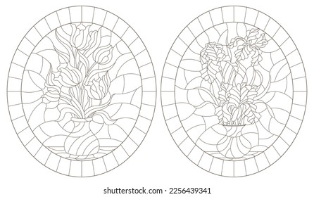 Set of contour illustrations of stained glass Windows with floral still lifes, bouquets of irises and tulips in vases, dark contours on a white background