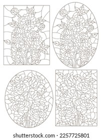 Set of contour illustrations of stained glass Windows with bouquets of roses and peonies, dark outlines on a white background, 