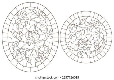 Set contour illustrations of stained glass, the branch of a plum tree with ripe fruits, dark contour on white background