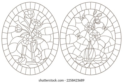 A set of contour illustrations in stained glass style with still lifes , a bouquet of orchids and fruits , dark contours on a white background