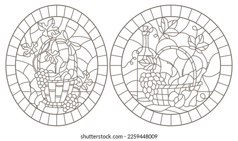 A set of contour illustrations of stained glass Windows with still lifes, a bottle of wine and fruit ,dark contours on a white background