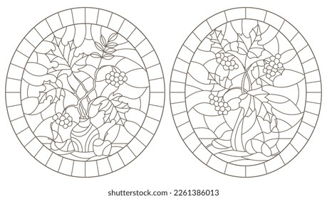 Establecer ilustraciones de contorno de vidrio manchado con vida residual del otoño, ramas de árboles en jarrones y frutas, imágenes ovaladas