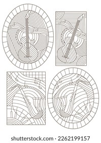 A set of contour illustrations of stained glass Windows on the theme of music, abstract guitars and saxophone, dark contours on a white background