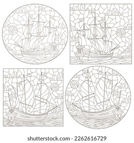 A set of contour illustrations of stained glass Windows with old sailing ships, dark contours on a white background