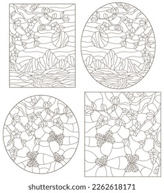 A set of contour illustrations of stained glass Windows with landscapes, flowering branches against the background of mountains and sky, dark outlines on a white background