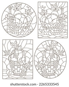 A set of contour illustrations of stained glass Windows with still lifes, a bottle of wine and fruit ,dark contours on a white background