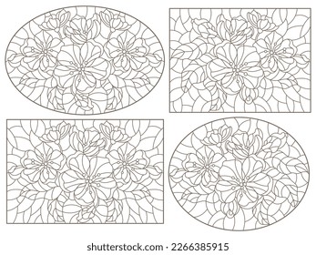 Set of contour illustrations of stained glass Windows with branches of a flowering Apple tree, dark outlines on a white background