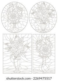 Set of contour illustrations of stained glass Windows with floral still lifes, bouquets of sunflowers and roses in vases, dark contours on a white background