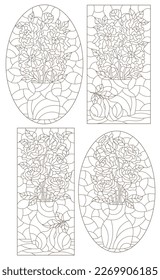 Set of contour illustrations in stained glass style with floral still lifes roses and peony, dark contours on a white background