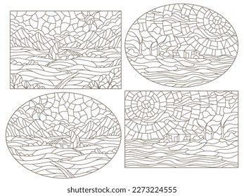 Set contour illustrations of stained glass Windows landscape , lonely houses on a background of nature, dark outlines on a white background