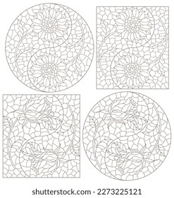 Set of contour illustrations in stained glass style with roses and sunflowers in the Yin Yang sign, dark contours on a white background