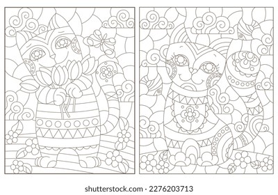 Set of contour illustrations in stained glass style with cute cartoon cats, dark outlines on a white background