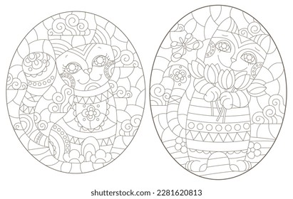 Set of contour illustrations in stained glass style with cute cartoon cats, dark outlines on a white background