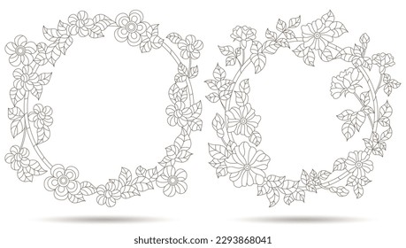 Set contour illustrations of stained glass with floral framework,dark outlines on white background