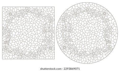 Set of contour illustrations in stained glass style with flower wreaths, dark outlines on a white background