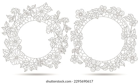 Set contour illustrations of stained glass with floral framework,dark outlines on white background