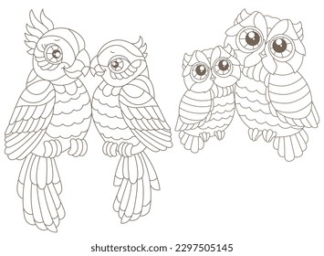 Set of contour illustrations of stained glass Windows with cute cartoon parakeets and owls on tree branches, dark outlines on a white background