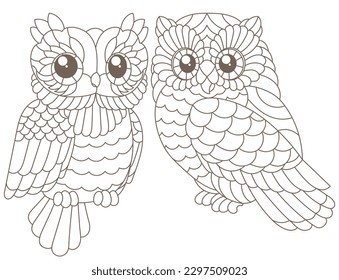 Set of contour illustrations of stained glass Windows with cute cartoon owls , dark outlines birds isolated on a white background