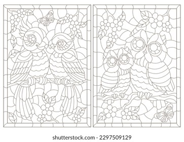 Set of contour illustrations of stained glass Windows with cute cartoon parakeets and owls on tree branches, dark outlines on a white background