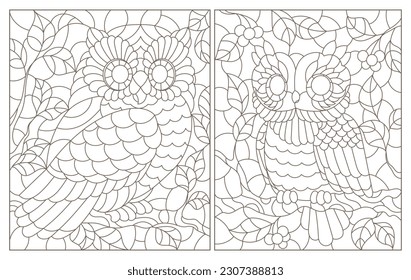 Set of contour illustrations of stained glass Windows with cute cartoon owls on tree branches, dark outlines on a white background