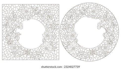 Set contour illustrations of stained glass with floral framework,dark outlines on white background